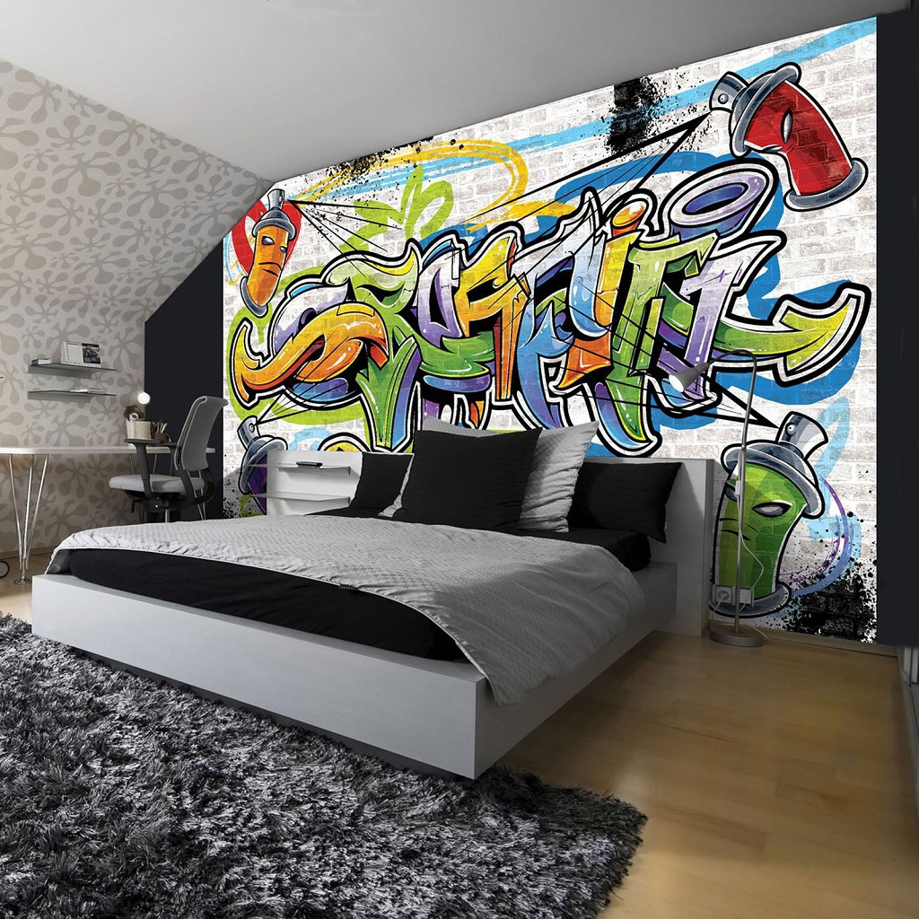 Фото шпалери 254x184 см Для підлітків Барвисте графіті на цегляній стіні (1399P4) Клей в подарунок