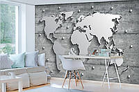 Флизелиновые фотообои для кухни Стиль лофт 254x184 см 3D Карта мира из металла на бетонной стене Клей в