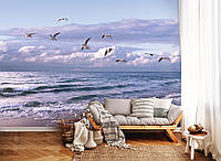 Флизелиновые 3д фотообои волны на стену 368 x 254 см Чайки над морем (13051V8) Лучшее качество