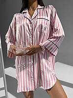 Женская рубашка пижама из турецкого шелка в полоску на пуговицах с длинным рукавом размер S/M L/XL, Пудра