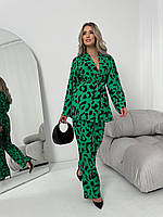 Женский стильный костюм двойка рубашка брюки ткань: шелковый софт Мод #398 Зелёный, 46/48