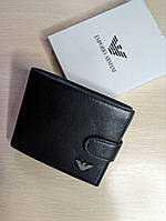 Мужской кожаный кошелек с защелкой Armani черное портмоне из натуральной кожи в подарочной упаковке
