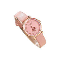 Женские кварцевые наручные часы золотистые на розовом циферблате сердце кожаный розовый ремешок