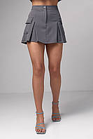 Мини юбка-шорты с накладными карманами - серый цвет, Костюмная ткань, однотонный, Турция
