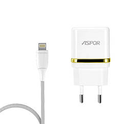 Мережевий зарядний пристрій Aspor A828 Eco 2USB 2.4 A + кабель USB — Lightning-білий, 8372449 — 956