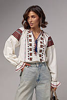 Женская вышиванка на завязках с рукавами-регланами - молочный цвет, реглан, вышивка гладью, Демисезон, Турция