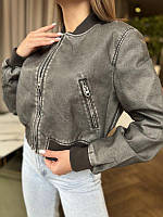 Стильный женский бомбер из экокожи в винтажном стиле тертый, укороченная женская курточка