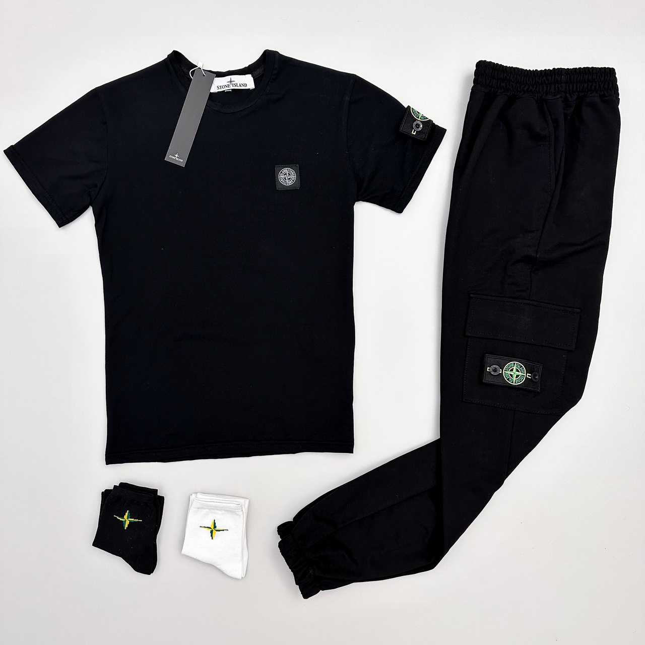 Комплект жіночий літній Stone Island футболка штани спортивний костюм стон айленд чорний