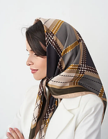 Женский платок коричневый, платок бежевый, серый, легкий шарф, шелковый платок на голову, стильный платок 90см
