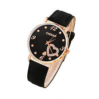 Чоловічий наручний годинник кварцовий чорний циферблат білі фіаніти у формі серця шкіряний чорний ремінець