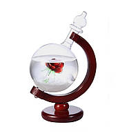 Барометр Штормгласс RESTEQ глобус большой, капля Storm glass на деревянной подставке с красной розой