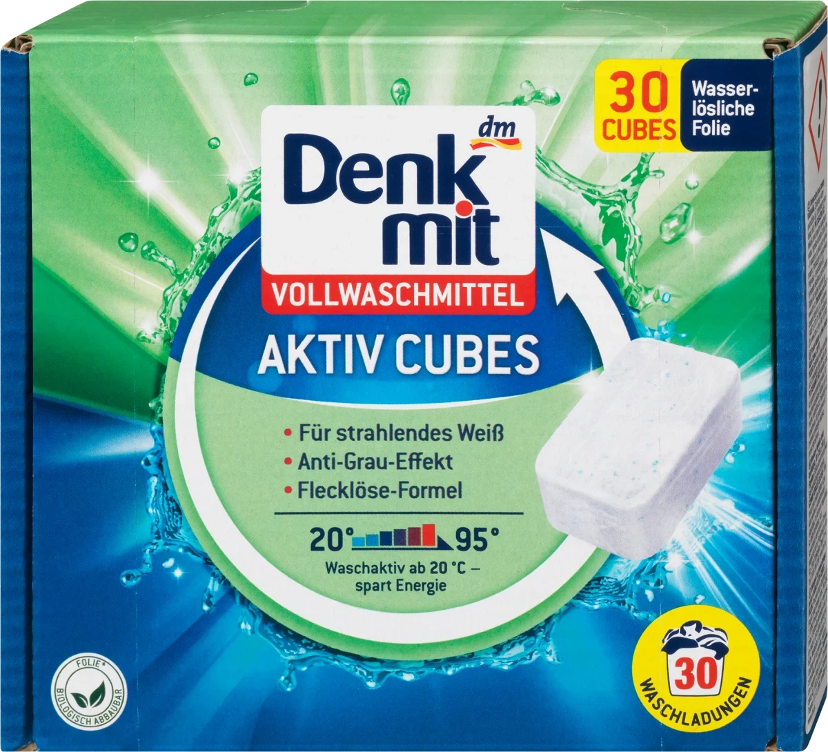 Таблетки для прання білої білизни Denkmit Vollwaschmittel Aktiv Cubes, 30 шт.