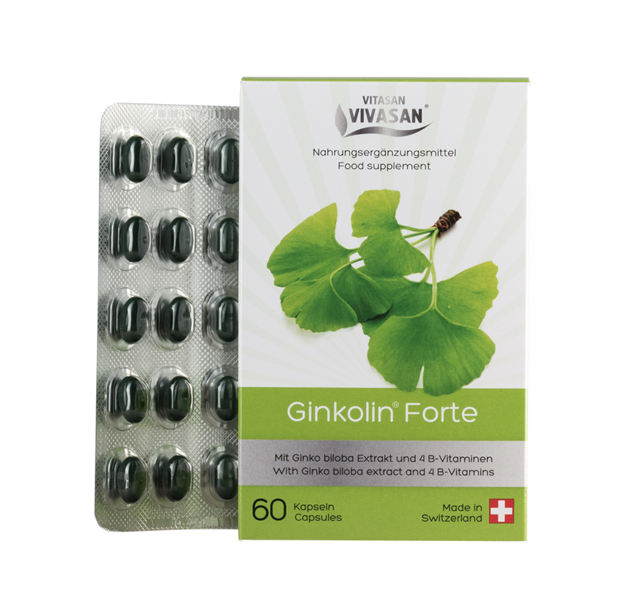 Гінколін Форте 60капс, Гінго білоба+В1, В6, В12+ніацин Ginkolin Forte Вівасан Швейцарія Vivasan Switzerland