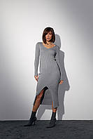 Силуэтное платье в рубчик с разрезом спереди - серый цвет, L (есть размеры) ld