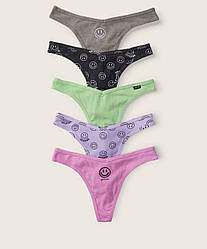 Бавовняні Трусики Стрінги Victoria's Secret PINK Cotton Rib Thongs, Набір 5 шт S, Різні кольори