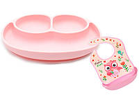 Набор силиконовая тарелка коврик для кормления ребенка 22х15 см и слюнявчик ПВХ Розовый (vol- ZZ, код: 2641269
