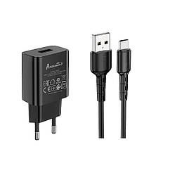 Мережевий зарядний пристрій Avantis A820 (1USB 2.4 A) + USB-кабель Type-C- чорний ZZ, код: 8372418