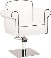 Кресло парикмахерское Art Deco на гидравлике квадрат плоский хром, экокожа белая с черным кантом (Velmi TM)