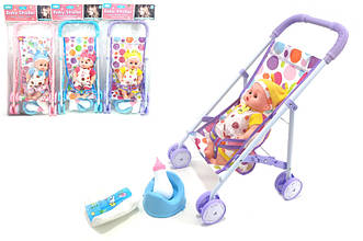 Іграшковий візок з лялькою і аксесуарами сидячий Y2031 3 кольори трость