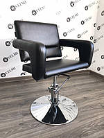 Кресло парикмахерское Flamingo на пневматике диск хром экокожа черная матовая (Velmi TM)