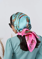 Женский платок зеленый, платок бирюзовый, розовый, легкий шарф, шелковый платок стильный, яркая бандана 90 см