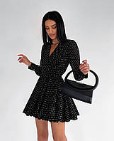 Женское модное стильное красивое весенее платье на запах в мелкий горошек черное весна 2024