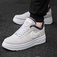 Мужские белые кроссы зимние Nike Air Force Winter Suede Light Gray Найк Аир Форсе Свет Серые зимние Мех Sam