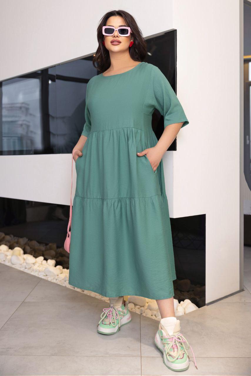 Літнє лляне каскадне батальне плаття-міді вільного крою з кишенями (р.50-56). Арт-1808/9, фото 1