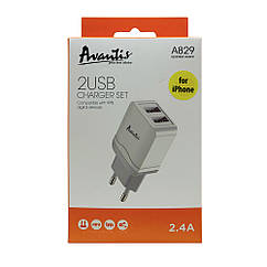 Мережевий зарядний пристрій Avantis A829 (2 USB 2.4 A) + USB-кабель Lightning-білий ZZ, код: 8372425