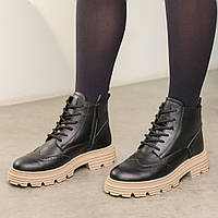 Ботинки кожаные с мехом Черные ботинки для женщин Sam Черевики шкіряні з хутром Чорні ботінки для жінок