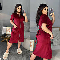 Домашній велюровий жіночий бордовий халат великих розмірів НФ/- 3727