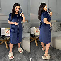 Домашній велюровий жіночий халат синій великих розмірів НФ/- 3727