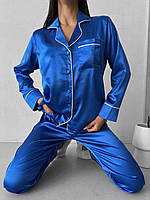 Женская пижама одежда для дома рубашка с длинным рукавом и брюки из турецкого шелка S, Синий