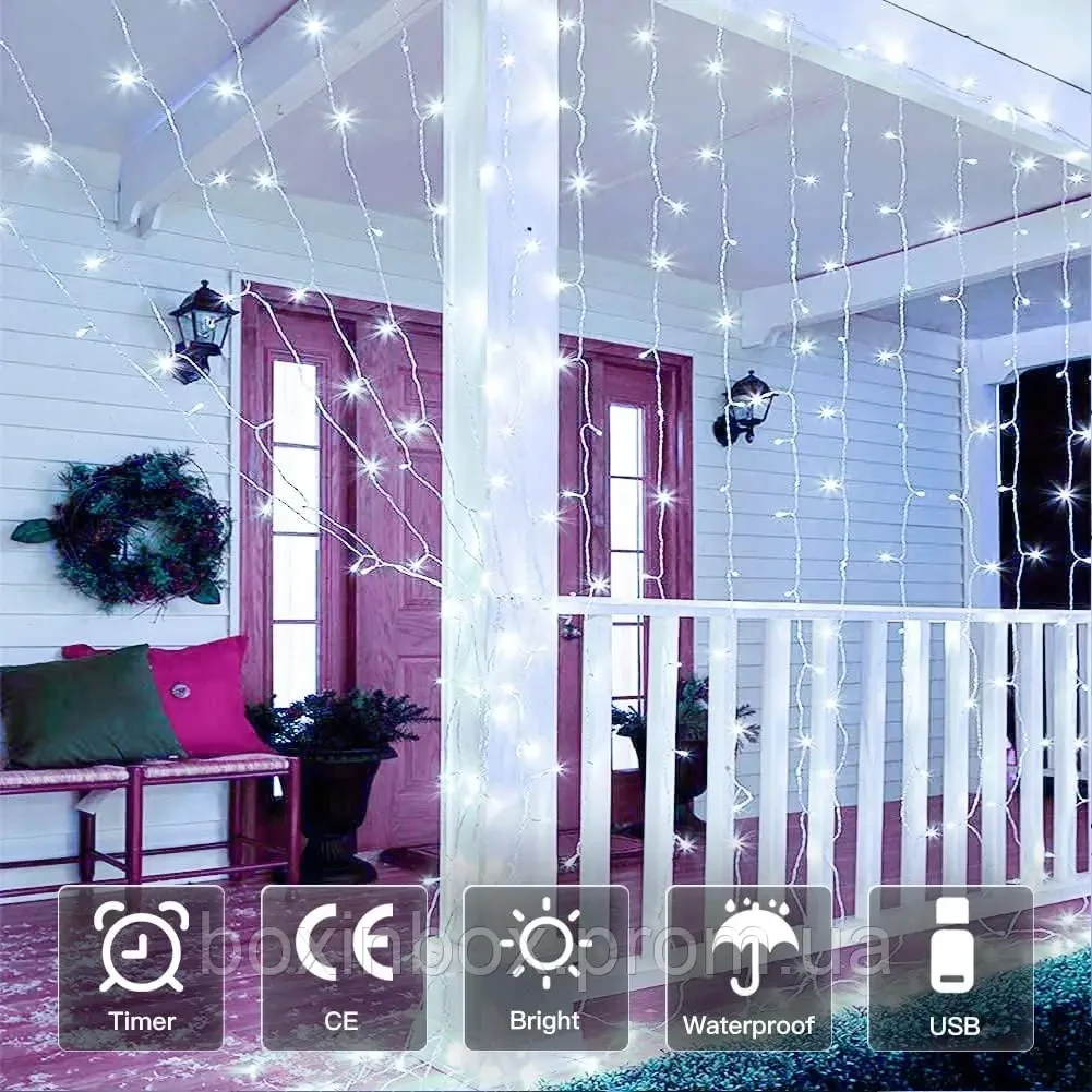 Ollny Lights Світильники для штор Christmas Cool White 300 LED 3*3м, Пульт дистанційного керування з живленням від USB 8 режимів, фото 1