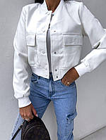 Жіноча молодіжна шкіряна куртка-бомбер із накладними кишенями білий