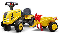 Трактор детский каталка с прицепом, граблями и лопатой Falk 286C Komatsu желтый (Unicorn)