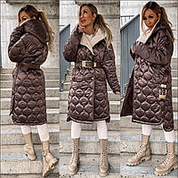 Женские зимние куртки - 9181/9264-мо - Удлиненная стеганная женская куртка пальто на кнопках еврозима с поясом