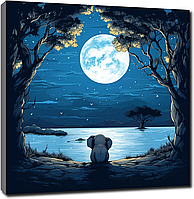 Декор зі слоном, Настінне мистецтво з місяцем, яскраво-синій нічний краєвид і картина на полотні із зображенням місяця