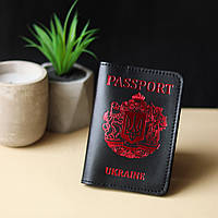 Кожаная Обложка для паспорта "Passport+большой Герб Украины" черная с красным