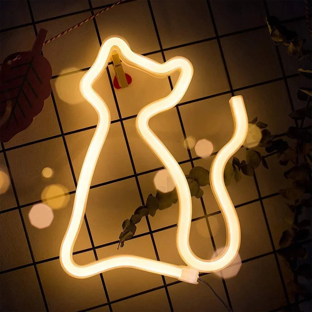 Неоновий світлодіодний світильник USB/3хАА для інтер'єру Decoration Lamp Cat Кіт Теплий Білий 23х18см