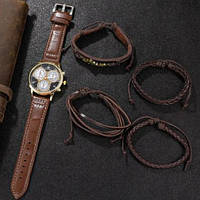 Подарунковий чоловічий набір 5в1 наручний годинник кварцовий діловий і чотири браслети коричневий Relogio Masculino
