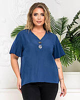 Жіноча блузка з двома гудзиками, стильна вільного крою футболка, синій, ХL