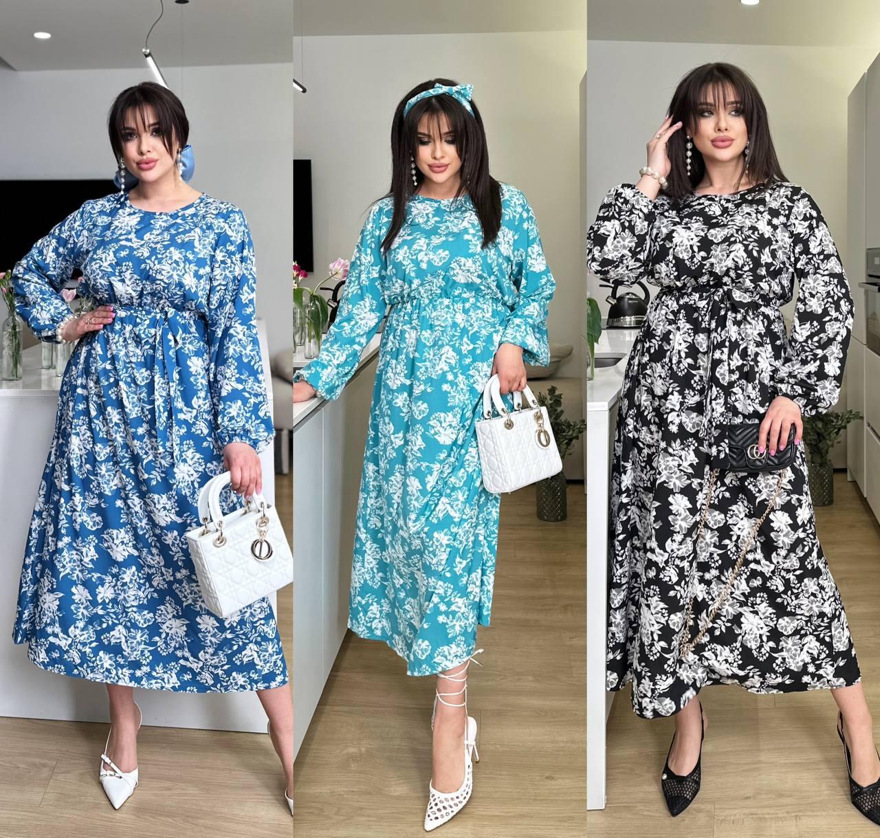 Максіплаття з довгим рукавом на гумці із софту квітковий принт батал, фото 1