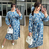 Максіплаття з довгим рукавом і квітковим принтом батал синє, фото 2