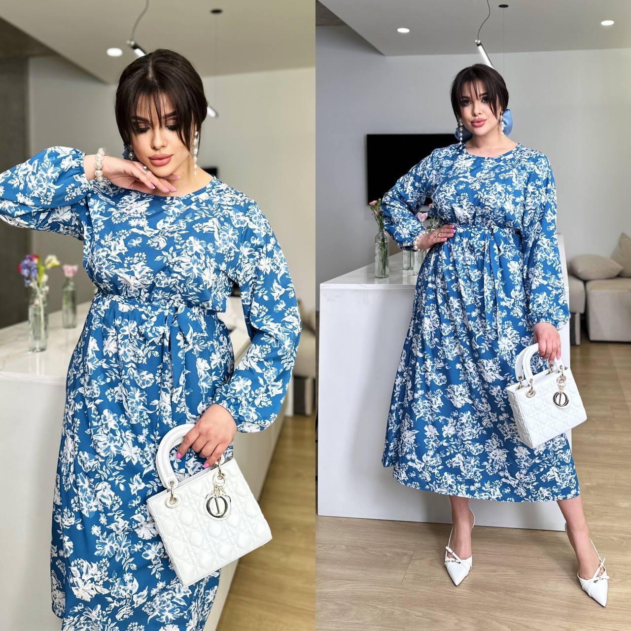 Максіплаття з довгим рукавом і квітковим принтом батал синє, фото 1