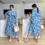 Максіплаття з довгим рукавом і квітковим принтом батал синє, фото 3