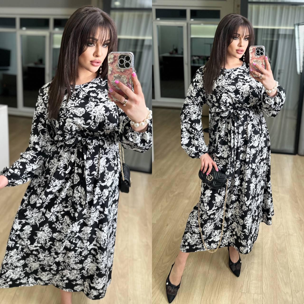 Максіплаття з довгим рукавом і квітковим принтом батал чорне, фото 1