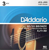 Струны для акустической гитары 3 Sets D'Addario EJ11-3D 80 20 Bronze Light Acoustic Guitar St HR, код: 2660607