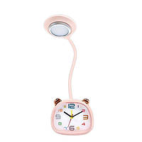 Лампа настільна акумуляторна дитяча з годинником та USB настільний світильник з будильником 1.3 Вт CD-917 Рожевий