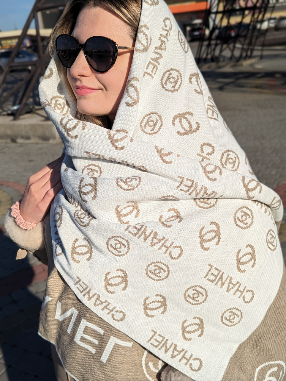 Палантин шарф CHANEL жіночий шарф шанель білий-мокко